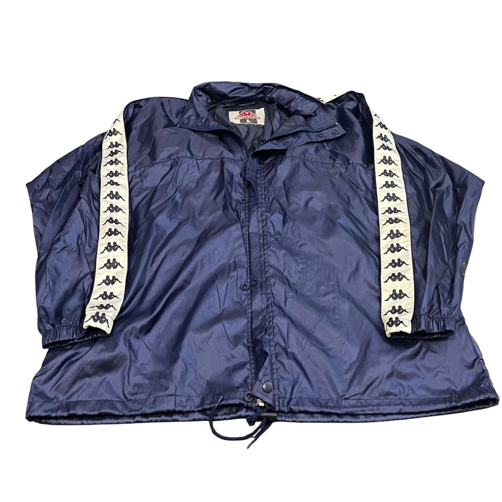 Vintage Kappa Windbreaker Mens L Navy Blue Tape Logo Side Stripe Full Zip Jacket